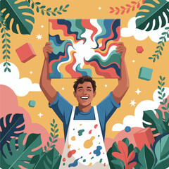 A smiling artist proudly displays a colorful abstract painting on canvas