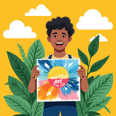 Young boy proudly displaying a colorful artwork against a bright sunny backdrop