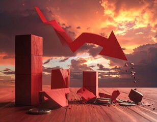 A red arrow descends on a wooden bar graph, shattering it. Sky background with dramatic sunset clouds