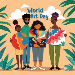 Celebrating world art day with diverse people and colorful paintings happily