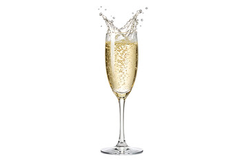 A champagne flute filled with bubbly liquid shows movement at the top of the glass and the transparent background and plain white background