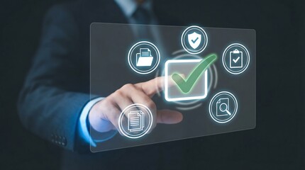 Businessman engaging with a futuristic interface screen, symbolizing innovation and technology in a professional setting.