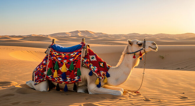 Majestic Decorated Camel Awaits Tourists in Thar Desert, Jaisalmer, Rajasthan, India