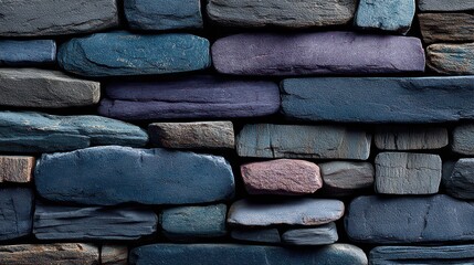 Detailed Stone Wall Texture in Shades of Blue Purple and Brown Rustic Background Patterned Blocks with Rough Surface and Dim Lighting