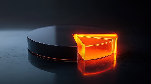 Modern geometric pie chart with glowing orange segment on dark reflective surface showcasing data analysis and visual representation concept