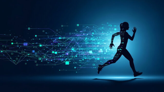 Dynamic Digital Runner A Silhouette of Speed, Data, and Technology in Motion, Representing Peak Performance, Progress, and Innovation.