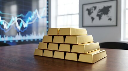 A pyramid of gold bars on a wooden table in a modern office with financial charts in the background viewed from the side