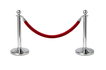 Red velvet rope barrier supported by two chrome stanchions on a white background creating a sense of high-key lighting with cutout object