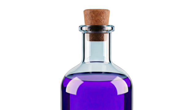 Glass bottle with purple liquid and cork stopper - Powered by Adobe