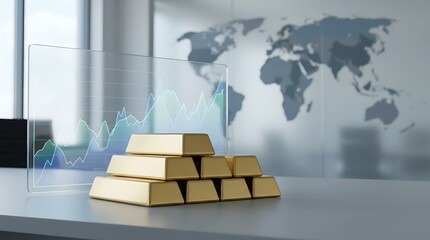 A pyramid of gold bars on a gray table in a modern office with a global map and financial graphs displayed on a transparent screen behind