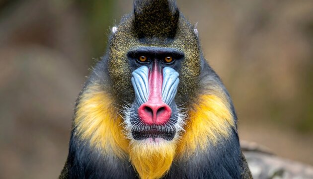 Close-up of a mandrill's colorful face and fur, staring intently