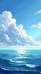 Anime-style depiction of a serene ocean under a vibrant sky filled with puffy clouds. Waves roll, reflecting the sunlight