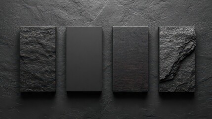 Four Rectangular Black Boxes with Varying Textures Against a Glittery Background in a Studio Setting Elegant and Minimalist Design Top View