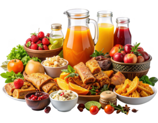 Ramadan Iftar Food Spread featuring crispy fried items, mixed seasonal fruits, chilled juice in glass jars and clean drinking water, beautifully decorated dining setup isolated on white and transparen