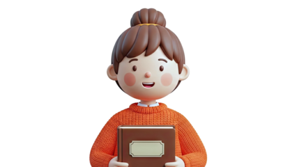 3D Animated Girl in Orange Sweater Holding a Book