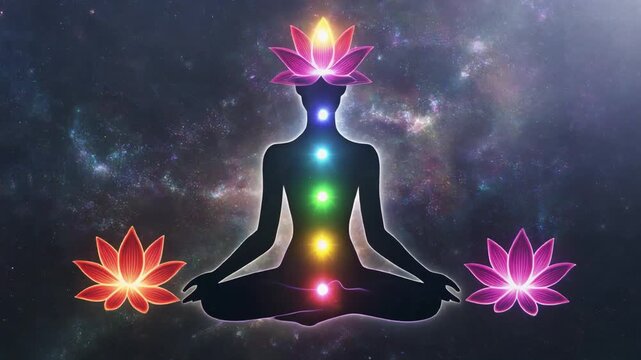 Ancient Yoga Sadhana: Sequential blooming of 7 Chakra lotuses in silhouette for Kundalini Jagran and Moksha