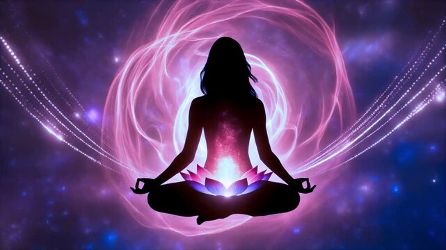 Human silhouette in meditation with warm orange Sacral Chakra opening, Sanatan Dhyan & Sadhana