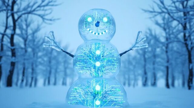 Illuminated snowman concept representing digital intelligence and artificial creativity constructed from ice and glowing blue circuit board patterns standing in a frosty winter forest environment.