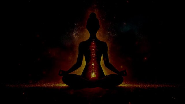 Seated Silhouette Yogi in Lotus Pose: Glowing Red Root Chakra Awakening for Sanatan Dhyan