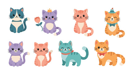 Obraz premium Adorable flat vector cartoon cats collection, isolated on white background