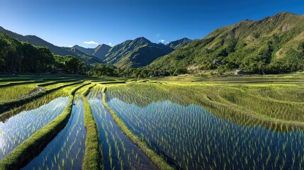 Lush Green Rice Terraces Reflecting Sky with Mountain Backdrop on Sunny Day Agricultural Landscape in Southeast Asia