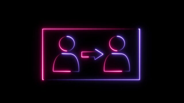 Neon User Transfer Icons with Arrow on Black Background, Data Migration Concept