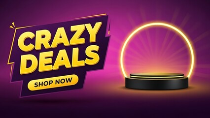 Discover amazing crazy deals now with our vibrant promotional banner and glowing product podium