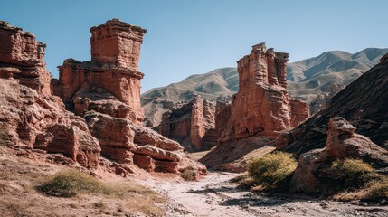Majestic Red Rock Formations Under Bright Sunlight Against Mountainous Backdrop At Scenic Landscape