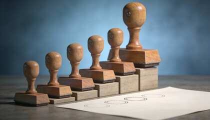 Wooden rubber stamps arranged as rising steps on desk with stamped circles minimalist studio render concept of approval workflow certification progress and bureaucracy