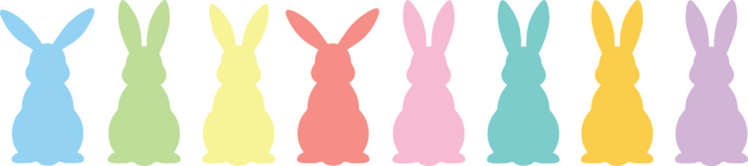 Obraz premium Colorful rabbit silhouettes row pastel bunny shapes Easter spring flat vector illustration isolated on white background
