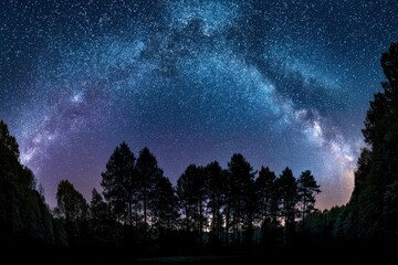 Night Sky Displaying Milky Way Galaxy over Silhouetted Tree Line With Purple and Blue Hues Creating Dreamy Starry Scene in Outdoor Dark Environment