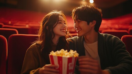 Young romantic loving couple with popcorn watching movie in cinema, relationships and lifestyle concept,bokeh pink heart in cinema,romantic spending time together,valentine day concept.