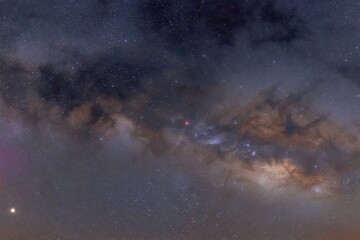 Night Sky Panorama View of Milky Way Galaxy with Countless Stars and Space Dust in Dark Blue Background