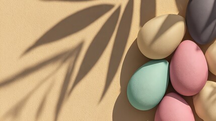 Pastel Colored Eggs on Tan Sand Surface with Leaf Shadow Easter Holiday Concept
