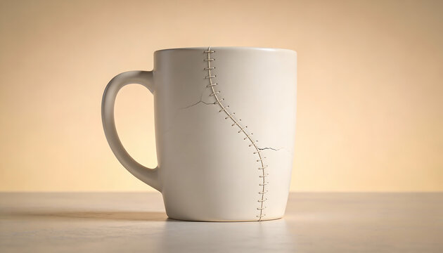 Cracked ceramic coffee mug repaired with stitched seam minimalist studio render concept of mending resilience sustainability repair culture and second chance design
