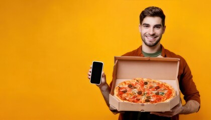 Smiling man holding pizza box and smartphone against yellow background.