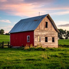 Obraz premium A rustic, weathered barn with red siding and a silver roof stands amidst a lush green pasture under a pastel sunset