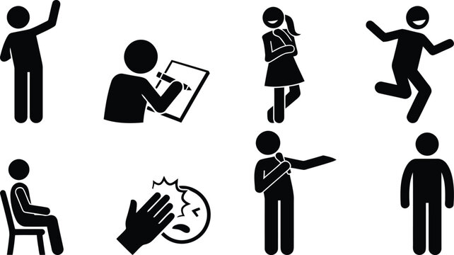 Diverse set of stick figures illustrating various human actions, emotions, and poses