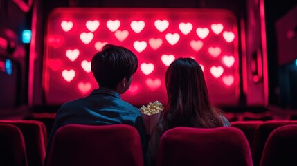 Young romantic loving couple with popcorn watching movie in cinema, relationships and lifestyle concept,bokeh pink heart in cinema,romantic spending time together,valentine day concept.