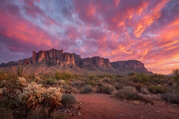 Scenic Arizona Mountain Landscape at Sunset with Vibrant Pink and Orange Sky over Rock Formations and Desert Vegetation in Warm Evening Light