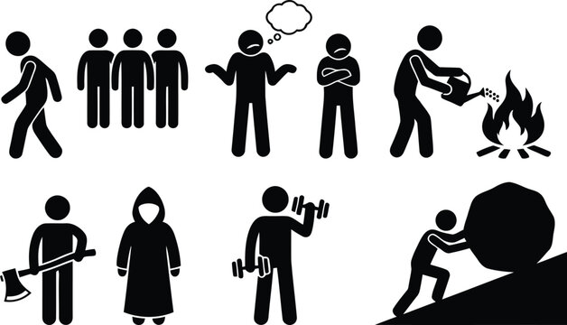 Diverse human activities, emotions, and challenges depicted in simple stick figure icons