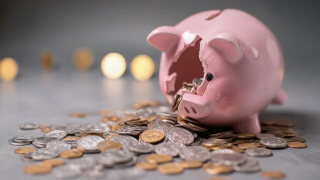Broken Savings: A cracked piggy bank spills its coins, symbolizing financial hardship or the depletion of funds.