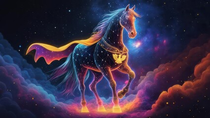 Cosmic horse with glowing mane and cape.  Stars and nebulae background