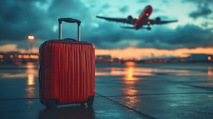 Red suitcase on airport runway with airplane taking off against a dramatic sunset sky and rain-soaked pavement reflecting vibrant colors