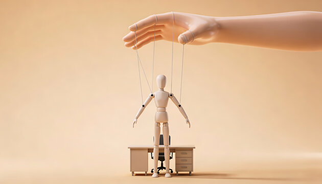 Giant hand controlling wooden mannequin marionette above office desk surreal 3d render concept of workplace manipulation micromanagement and lost autonomy with copy space