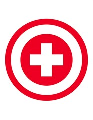 Obraz premium A red circle contains a white and red cross symbol, suggesting emergency medical care or first aid. The design is simple, bold, and easily recognizable