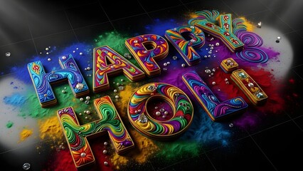 Fototapeta premium Happy holi vibrant festival celebration Background with colorful powder and ornate decorated letters.