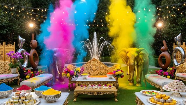Exquisite outdoor indian festival with colorful smoke, golden elephants, and luxurious setup. Holi Traditions Background.