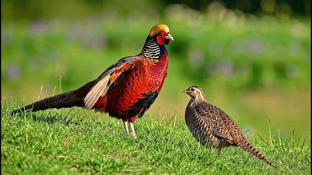 Vibrant pheasant and companion in lush meadow