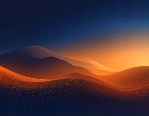 An abstract landscape portrays layered hills under a gradient sky of dark blue to warm orange, creating a dramatic atmosphere